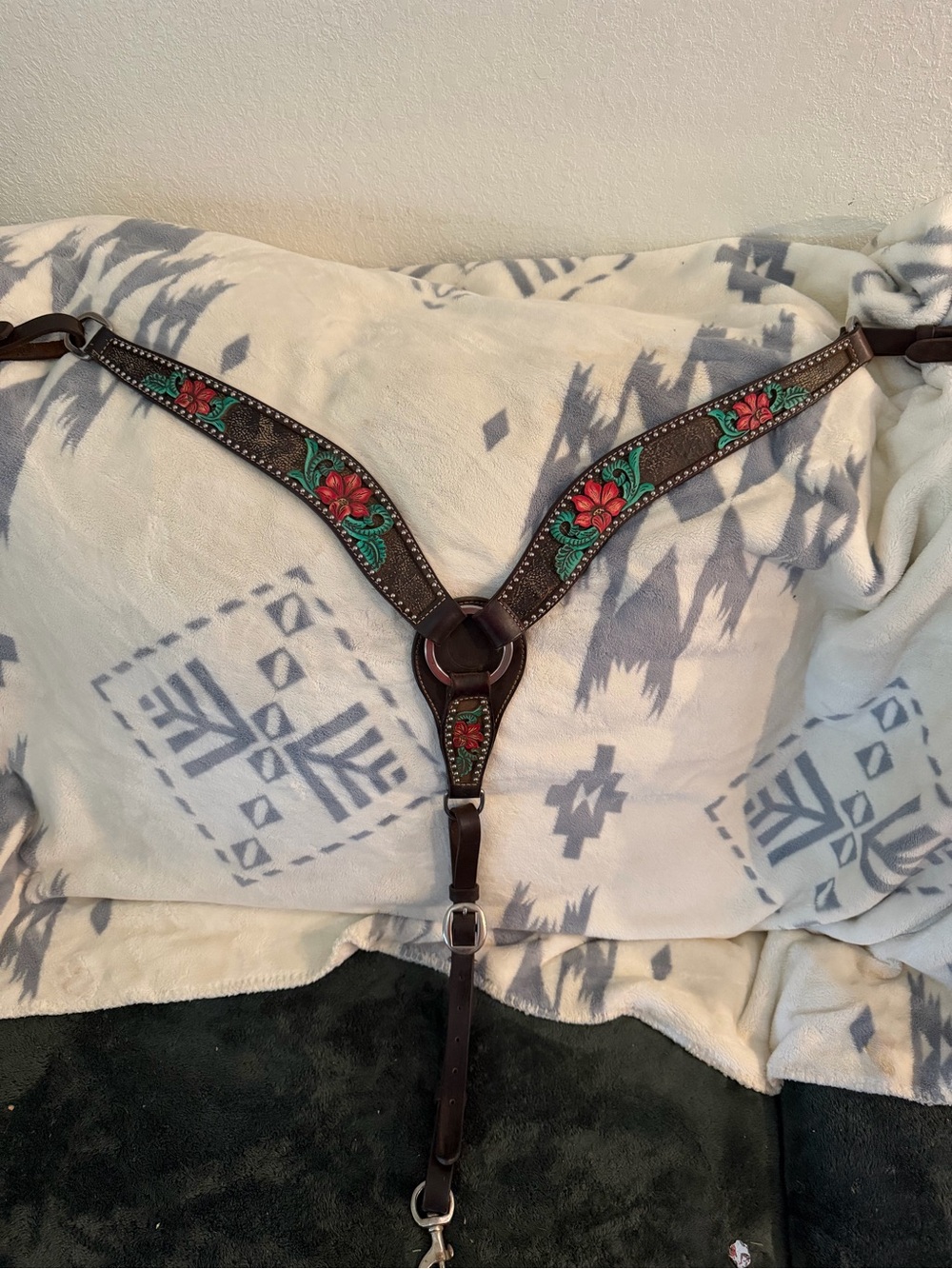 Brown Floral Tooled Leather Horse Breast Collar with Teal Accents